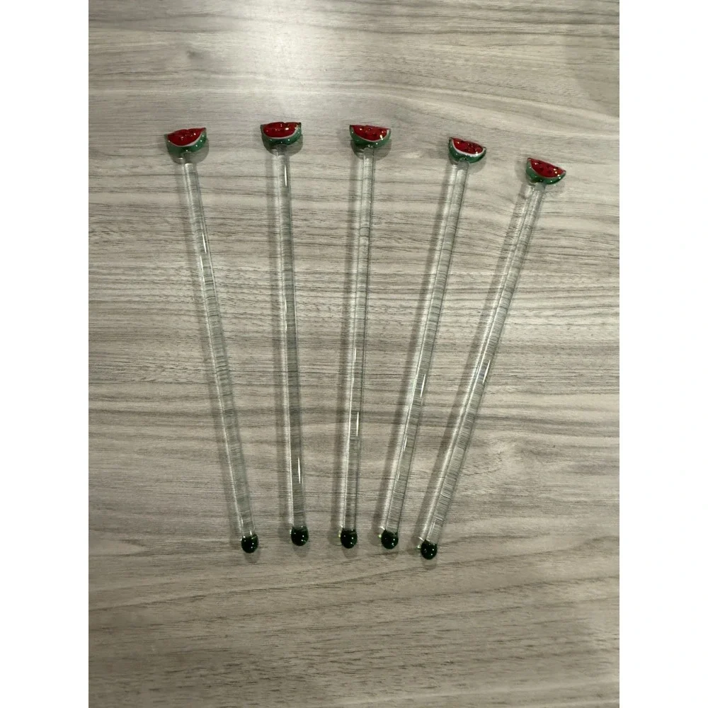 Hand Blown Glass‎ Watermelon Fruit Barware Swizzle Stir Sticks Set Lot of 5